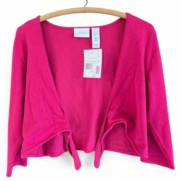 NWT Liz Claiborne Womens Large Tie-Front Pink Bolero Sweater 3/4 Sleeve - Picture 2 of 8